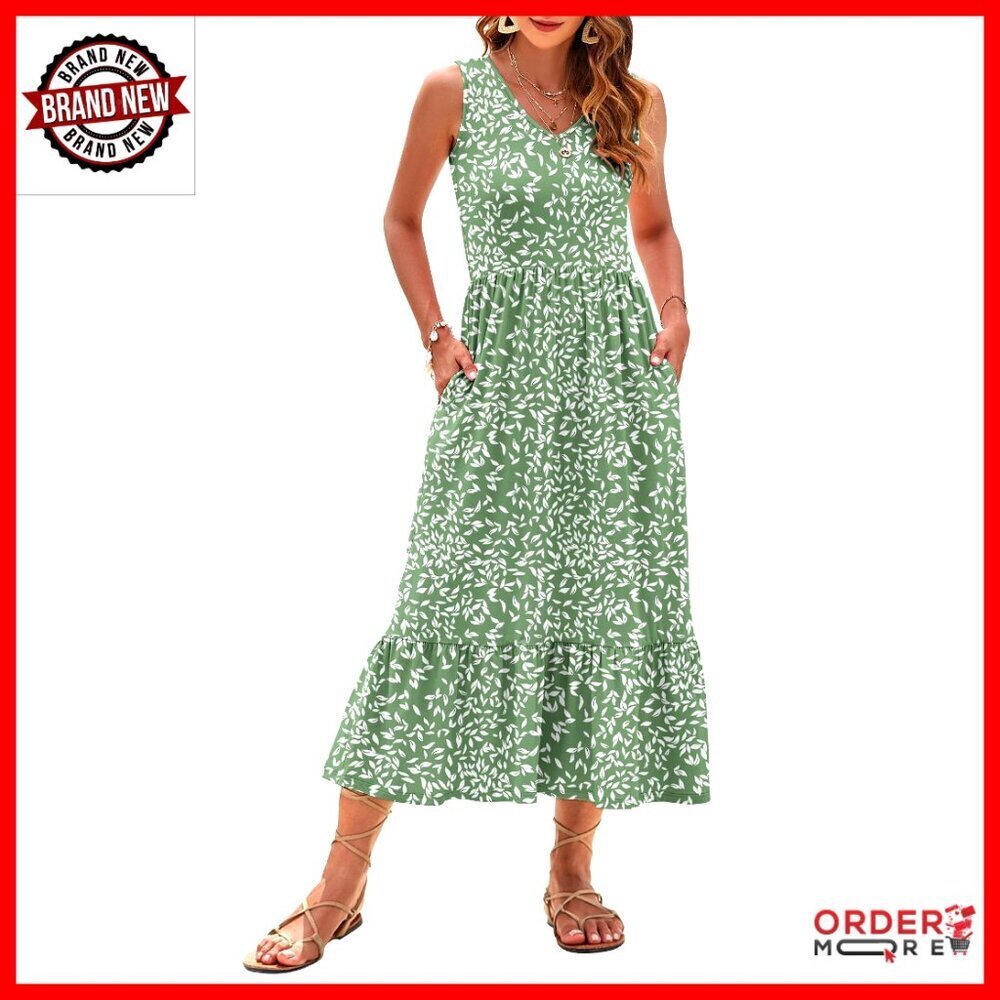 Sleeveless V Neck Maxi Dress Tiered Sundress with Pockets Casual Summer Wear